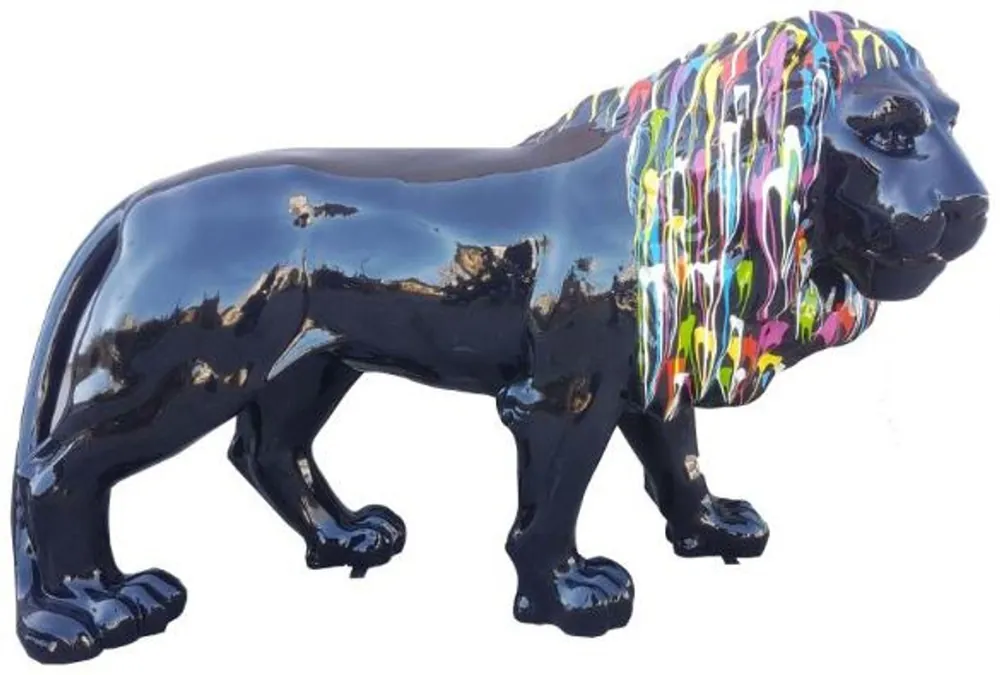 Neuheit Casa Padrino Designer Dekofigur Löwe Schwarz / Mehrfarbig 190 x 61 x H. 140 cm - Riesige Lebensgroße Skulptur - Gartendeko
