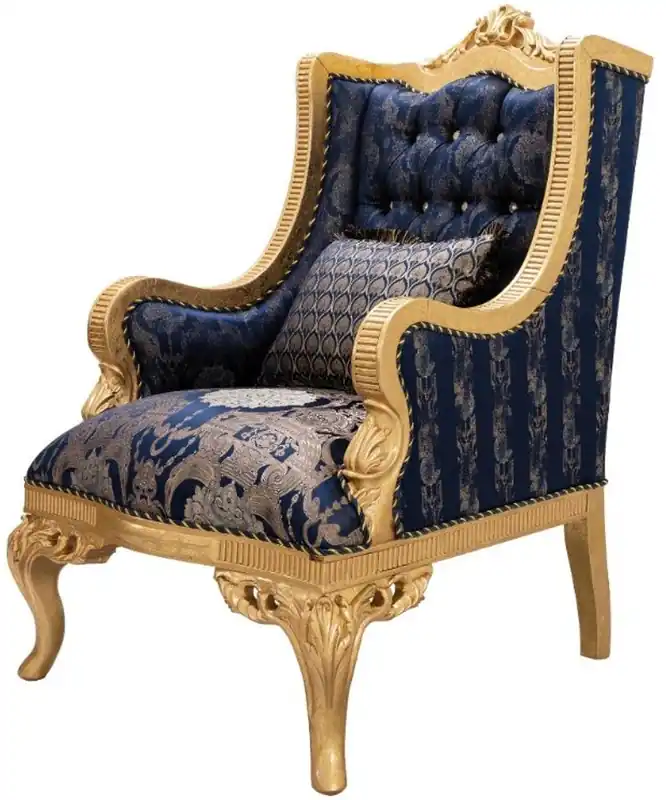 Casa Padrino Luxus Barock Ohrensessel mit Glitzersteinen und dekorativem Kissen Dunkelblau / Gold 86 x 90 x H. 110 cm - Barock Wohnzimmer Sessel - Barock Möbel Highlight