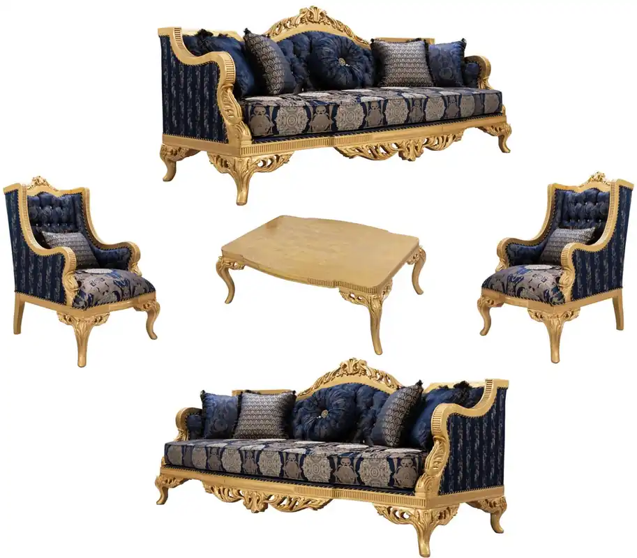 Direkt Vom Hersteller Casa Padrino Luxus Barock Wohnzimmer Set Dunkelblau / Gold - 2 Sofas & 2 Sessel & 1 Couchtisch - Prunkvolle Barock Wohnzimmer Möbel