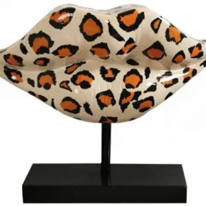 Casa Padrino Designer Deko Skulptur Leopard Lippen Mund mit Ständer Mehrfarbig / Schwarz 55 x H. 45 cm - Designer Deko Accessoires Super-Preis