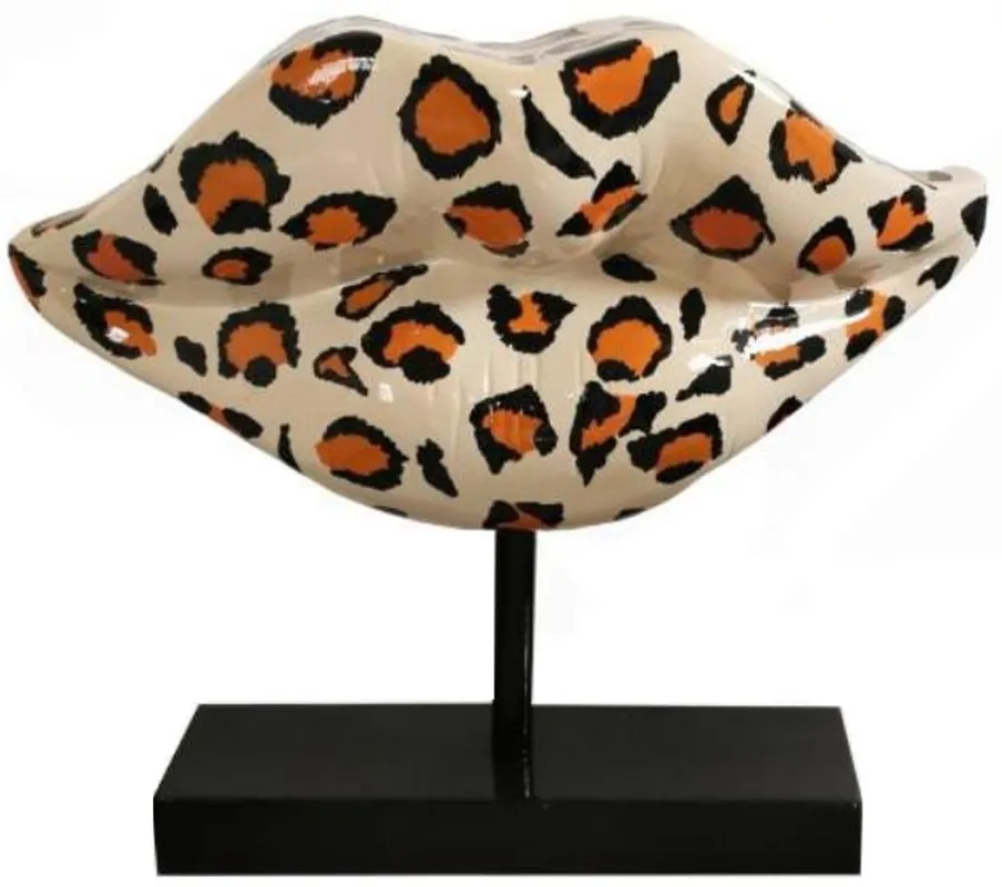 Casa Padrino Designer Deko Skulptur Leopard Lippen Mund mit Ständer Mehrfarbig / Schwarz 55 x H. 45 cm - Designer Deko Accessoires Super-Preis