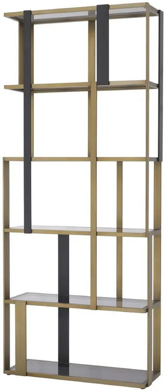 Casa Padrino Luxus Regalschrank Messing / Mattschwarz / Grau 100 x 37 x H. 240,5 cm - Edelstahl Schrank mit 5 Glasregalen - Wohnzimmerschrank - Büroschrank - Luxus Möbel Zertifiziert