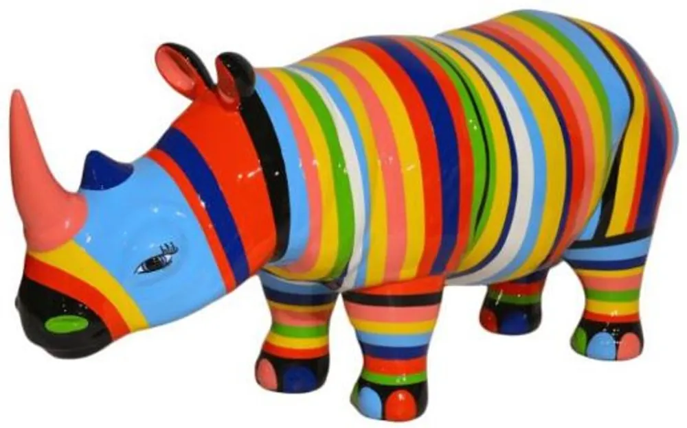 Casa Padrino Designer Dekofigur Nashorn mit Streifen Mehrfarbig 175 x H. 80 cm - Riesige Deko Skulptur - Gartenfigur - Luxus Gartendeko Wochenendangebot