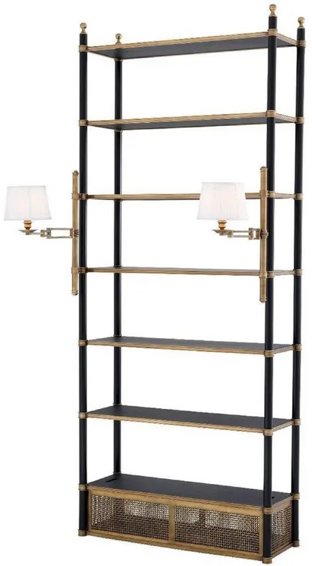 Casa Padrino Luxus Regalschrank mit 2 schwenkbaren Leuchten Vintage Messing / Schwarz 105 x 44 x H. 250 cm - Bücherschrank - Wohnzimmerschrank - Büroschrank - Luxus Möbel Angebot