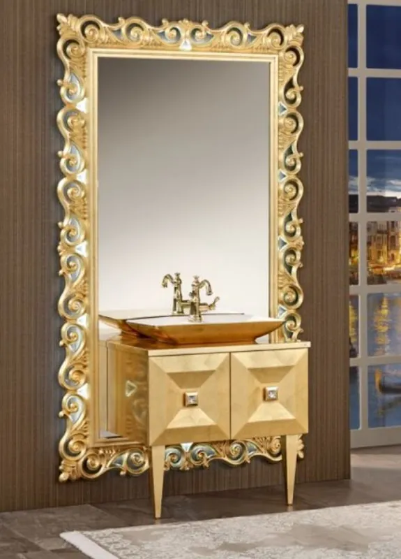 Casa Padrino Luxus Barock Badezimmer Set Gold - Waschtisch mit Waschbecken und Wandspiegel - Prunkvolle Badezimmermöbel im Barockstil Preiswert