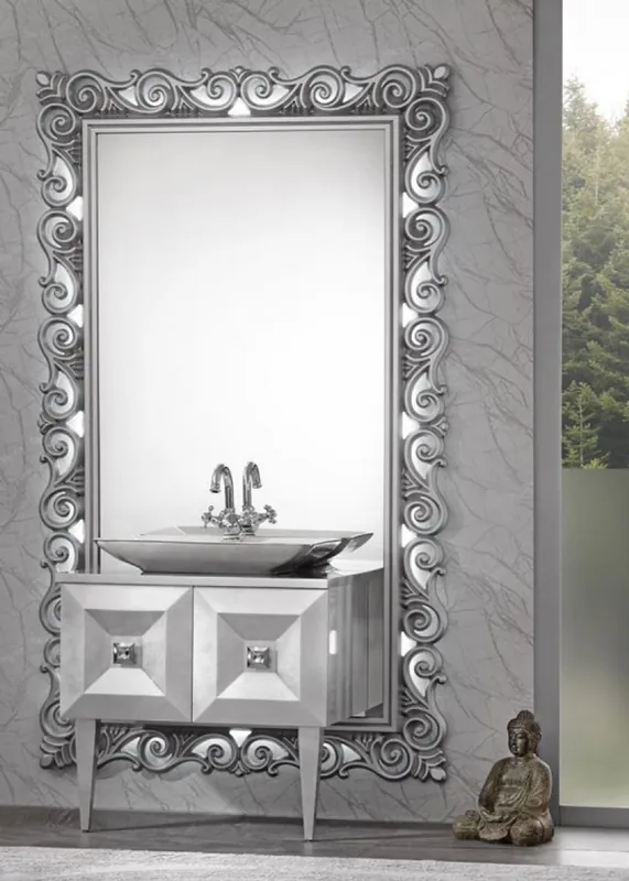 Markenprodukt Casa Padrino Luxus Barock Badezimmer Set Silber - Waschtisch mit Waschbecken und Wandspiegel - Prunkvolle Badezimmermöbel im Barockstil