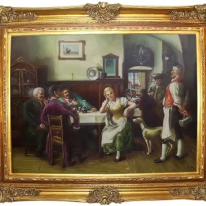 Casa Padrino Barock Ölgemälde Gesellschaft im Wirtshaus Mehrfarbig / Gold 160 x 10 x H. 130 cm - Handgemaltes Gemälde mit prunkvollem Rahmen im Barockstil - Barock Wanddeko Top-Preis