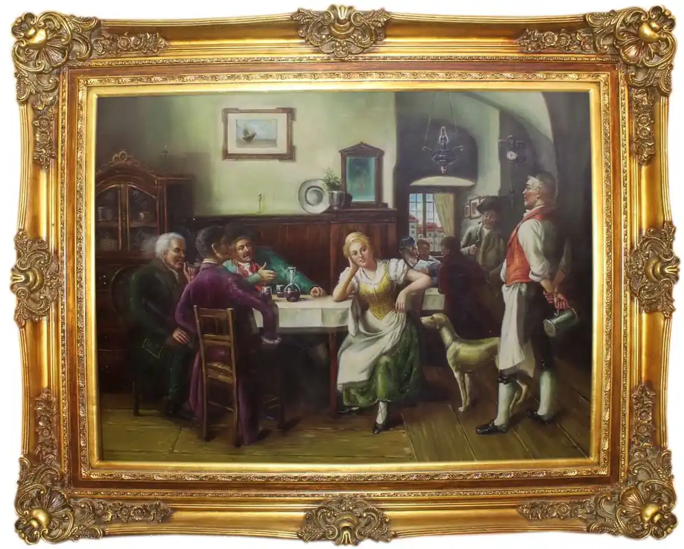 Casa Padrino Barock Ölgemälde Gesellschaft im Wirtshaus Mehrfarbig / Gold 160 x 10 x H. 130 cm - Handgemaltes Gemälde mit prunkvollem Rahmen im Barockstil - Barock Wanddeko Top-Preis