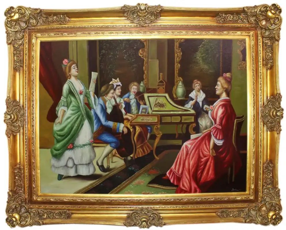 Casa Padrino Barock Ölgemälde Das Konzert Mehrfarbig / Gold 160 x 10 x H. 130 cm - Handgemaltes Gemälde mit prunkvollem Rahmen im Barockstil - Deko im Barockstil Günstig