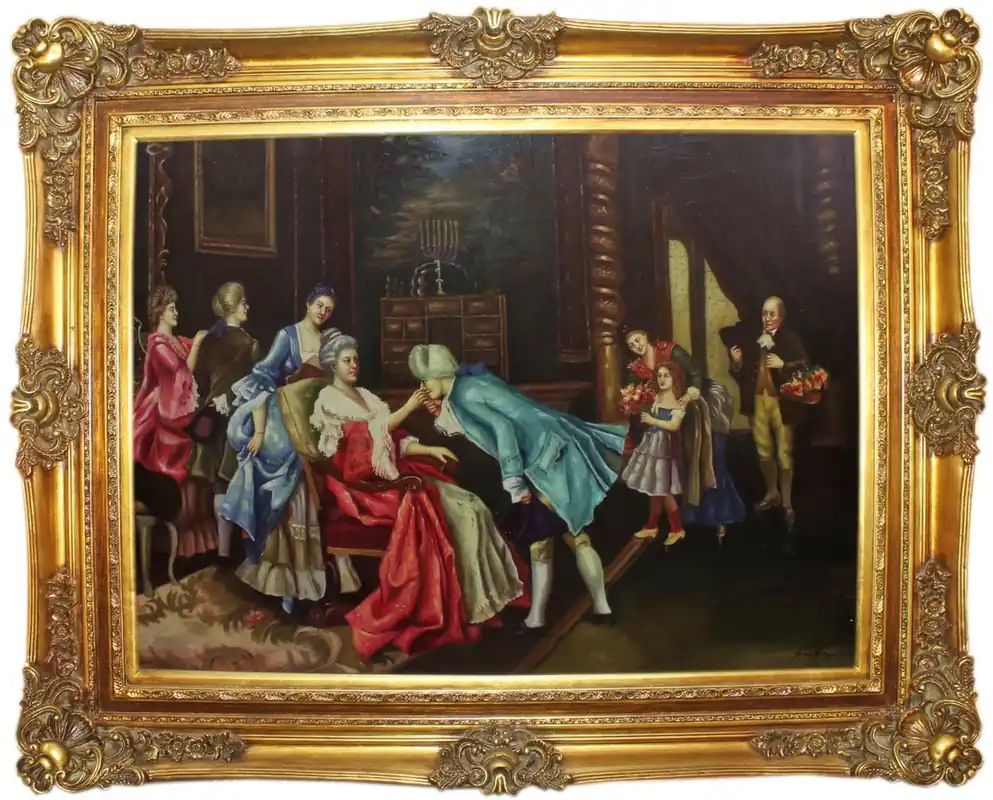 Top-Preis Casa Padrino Barock Ölgemälde Der Geburtstag Mehrfarbig / Gold 160 x 10 x H. 130 cm - Handgemaltes Gemälde mit prunkvollem Rahmen im Barockstil - Wanddeko im Barockstil