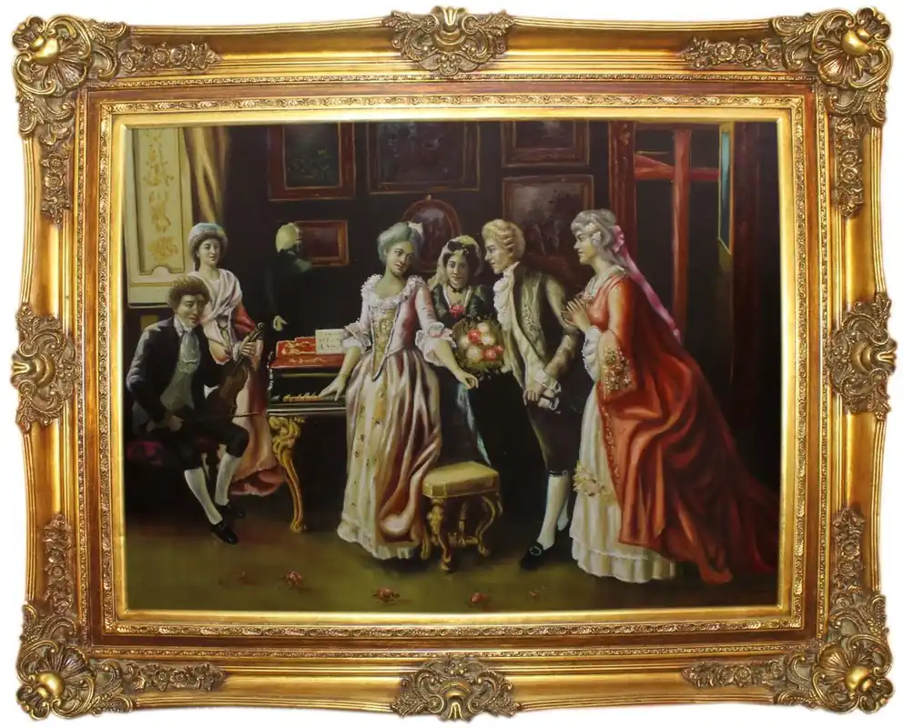 Casa Padrino Barock Ölgemälde Die Feier Mehrfarbig / Gold 160 x 10 x H. 130 cm - Handgemaltes Gemälde mit prunkvollem Rahmen im Barockstil - Barock Deko Accessoires Bestpreis