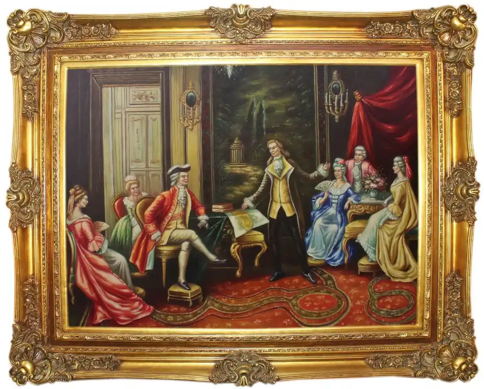 Casa Padrino Barock Ölgemälde Der Vortrag Mehrfarbig / Gold 160 x 10 x H. 130 cm - Handgemaltes Gemälde mit prunkvollem Rahmen im Barockstil - Barockstil Deko Ausverkauf
