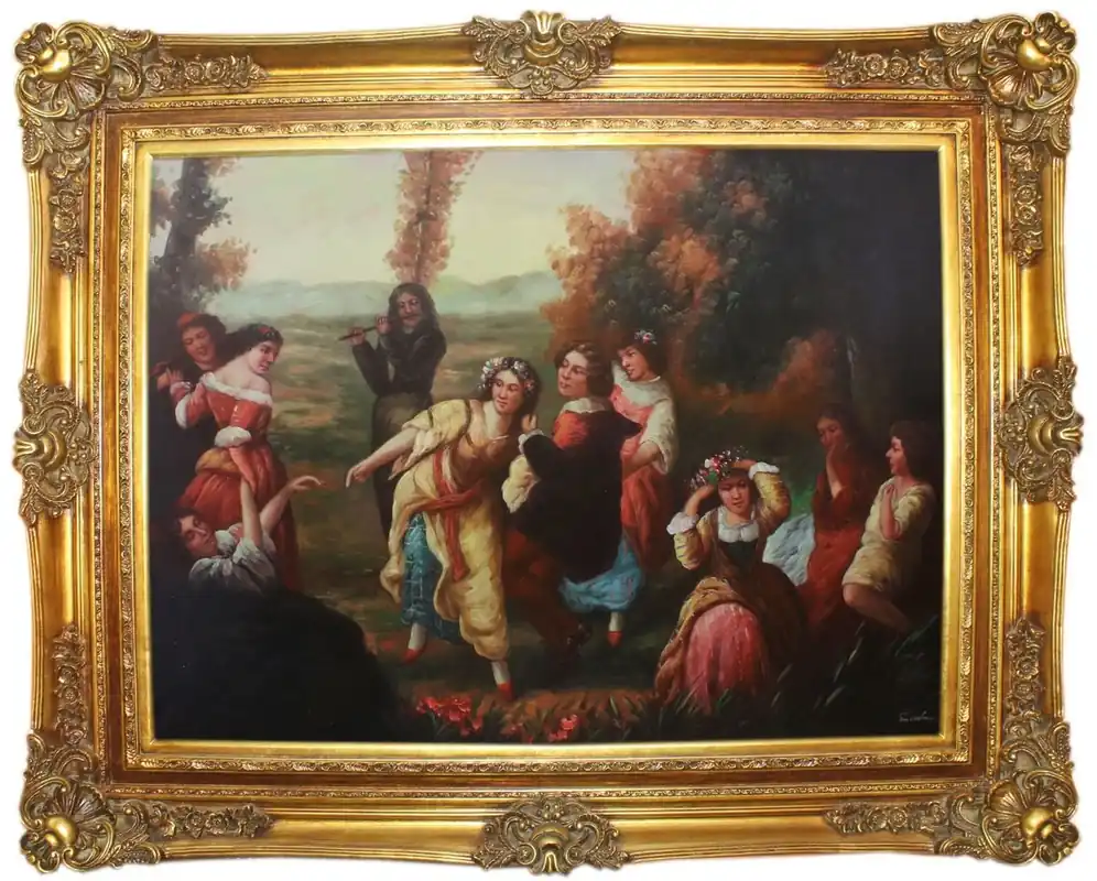 Casa Padrino Barock Ölgemälde Gartenfest Mehrfarbig / Gold 160 x 10 x H. 130 cm - Handgemaltes Gemälde mit prunkvollem Rahmen im Barockstil - Wanddeko im Barockstil Jetzt Kaufen