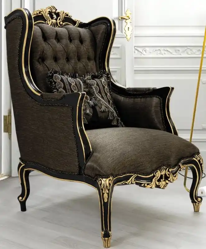 Casa Padrino Luxus Barock Wohnzimmer Sessel mit Kissen Grau / Schwarz / Gold 75 x 83 x H. 115 cm - Barock Möbel - Edel & Prunkvoll Finale Aktion