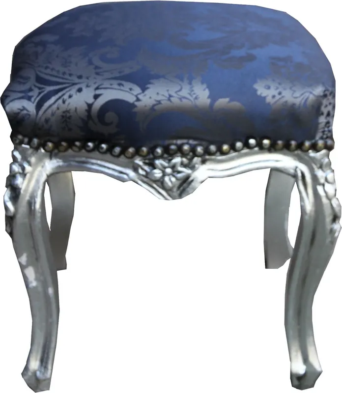 Casa Padrino Barock Hocker Royalblau Muster / Silber Höhe - Barock Möbel Geprüft