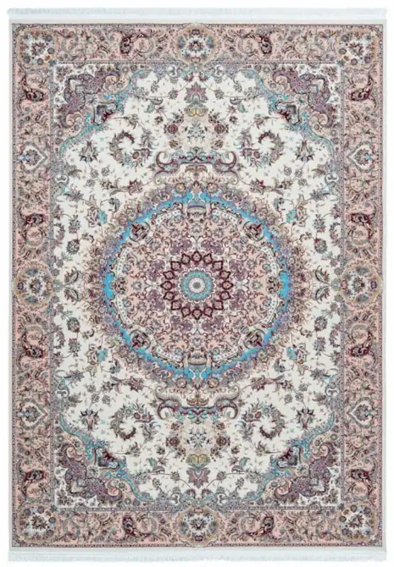 Casa Padrino Luxus Kunstfaser Teppich mit Fransen Elfenbeinfarben / Beige / Türkis - Verschiedene Größen - Rechteckiger Wohnzimmer Teppich im Orientalischen Stil Markenprodukt