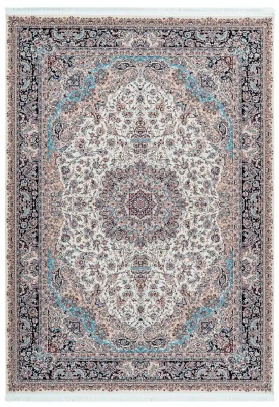 Casa Padrino Luxus Kunstfaser Teppich mit Fransen Elfenbeinfarben / Mehrfarbig - Verschiedene Größen - Rechteckiger Wohnzimmer Teppich im Orientalischen Stil Sonderaktion