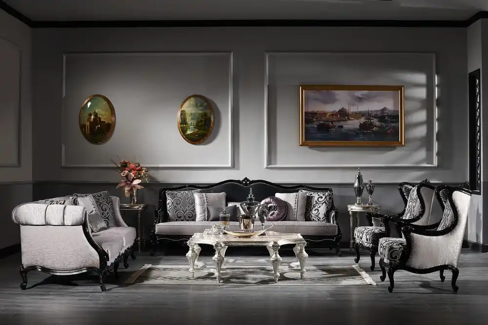 Casa Padrino Luxus Barock Wohnzimmer Set - 2 Sofas & 2 Sessel & 1 Couchtisch - Wohnzimmermöbel im Barockstil - Edel & Prunkvoll - Luxus Qualität - Made in Italy Schnäppchen