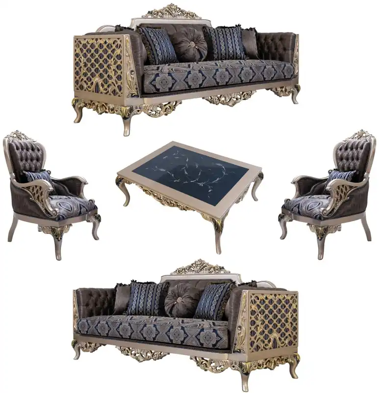 Schnäppchen Casa Padrino Luxus Barock Wohnzimmer Set Blau / Silber / Gold - 2 Sofas & 2 Sessel & 1 Couchtisch - Prunkvolle Barock Wohnzimmer Möbel