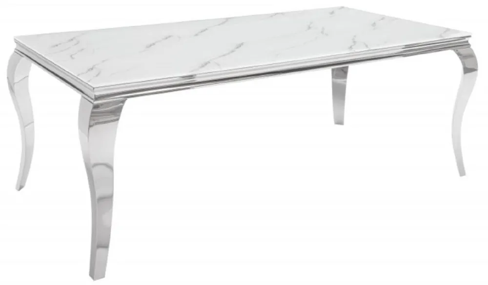 Rabatt Casa Padrino Designer Esstisch Weiß / Grau / Silber 180 x 95 x H. 75 cm - Rechteckiger Edelstahl Küchentisch mit digitalbedrucktem Sicherheitsglas in Marmoroptik - Moderne Barock Möbel