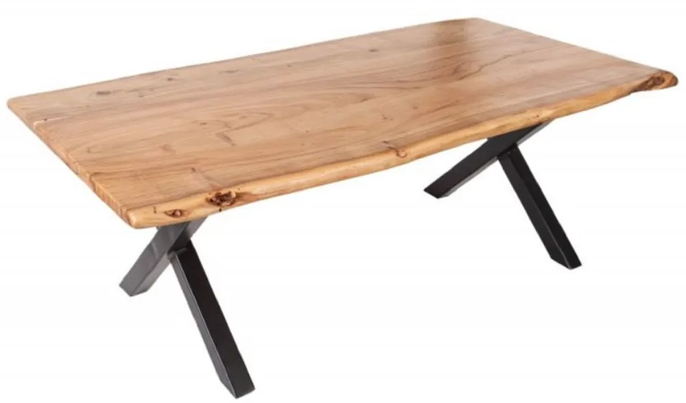 Casa Padrino Massivholz Couchtisch mit Metallbeinen Naturfarben / Schwarz 118 x 60 x H. 40 cm - Rechteckiger Wohnzimmertisch - Massivholz Wohnzimmer Möbel Geprüft