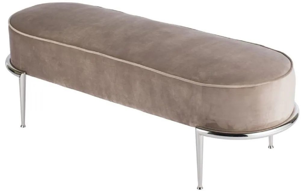Casa Padrino Luxus Sitzbank Taupe / Silber 120 x 50 x H. 47 cm - Gepolsterte Samt Bank mit Edelstahl Gestell - Luxus Möbel Meistverkauft