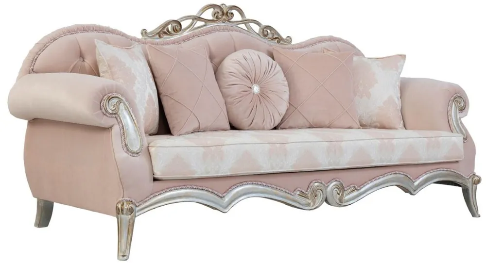 Casa Padrino Luxus Barock Wohnzimmer Sofa mit dekorativen Kissen Rosa / Silber / Gold 230 x 90 x H. 105 cm - Prunkvolle Möbel im Barockstil Bestpreis