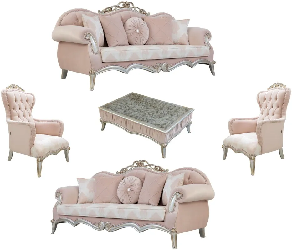 Zertifiziert Casa Padrino Luxus Barock Wohnzimmer Set Rosa / Silber / Gold - 2 Sofas mit Kissen & 2 Sessel & 1 Couchtisch - Wohnzimmermöbel im Barockstil - Edle Barock Möbel