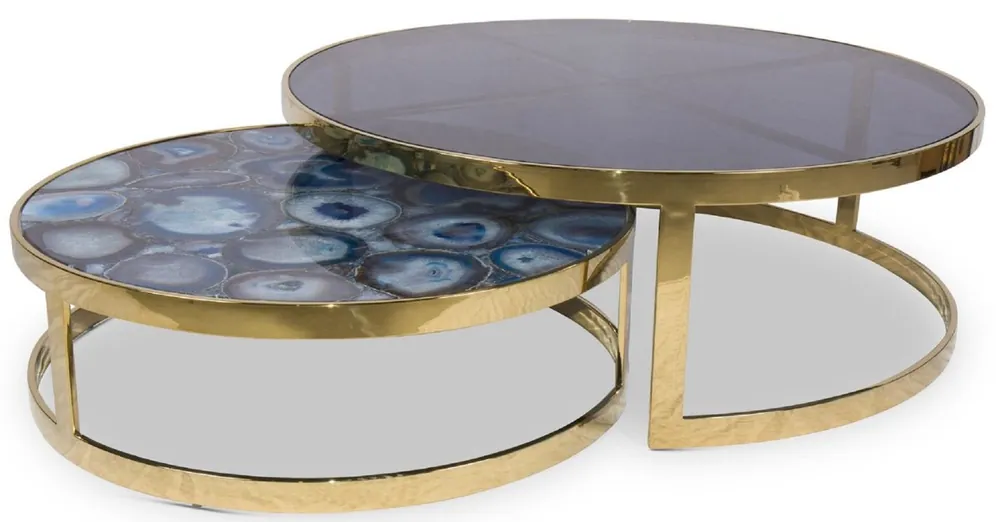Must-Have Casa Padrino Luxus Couchtisch Set Blau / Gold - 2 Runde Wohnzimmertische mit Achat Edelstein und Glasplatte - Luxus Qualität - Luxus Wohnzimmer Möbel