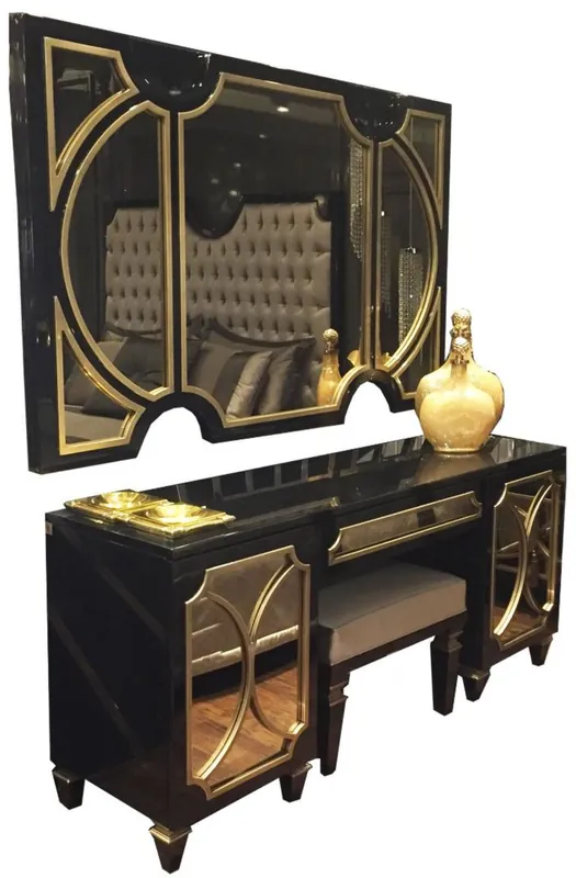 Sale Casa Padrino Luxus Barock Schlafzimmer Set Schwarz / Gold - 1 Wandspiegel & 1 Kommode & 1 Sitzhocker - Schlafzimmer Möbel - Edel & Prunkvoll