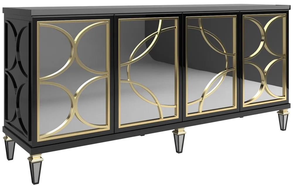 Abverkauf Casa Padrino Luxus Barock Sideboard Schwarz / Gold 220 x 55 x H. 105 cm - Prunkvoller Schrank mit 4 verspiegelten Türen - Barock Möbel