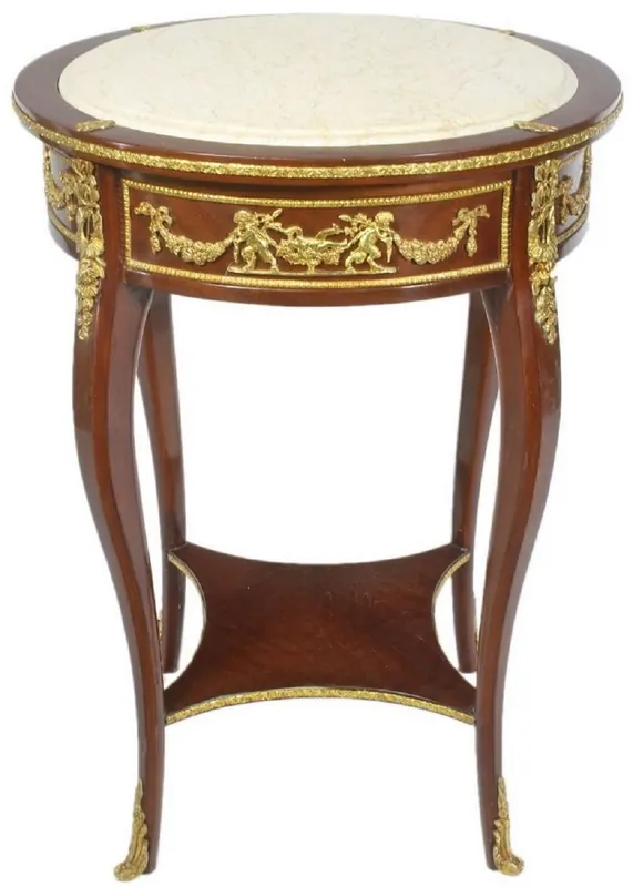 Casa Padrino Barock Beistelltisch mit Marmorplatte Braun / Gold / Creme Ø 45 x H. 75 cm - Runder Tisch im Barockstil - Barock Möbel Letzte Chance