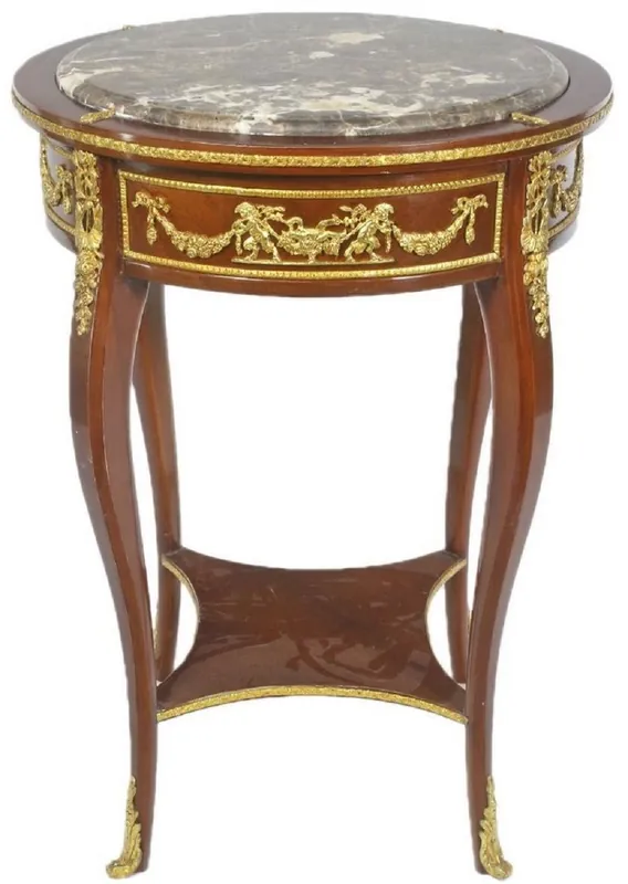 Casa Padrino Barock Beistelltisch mit Marmorplatte Braun / Gold Ø 45 x H. 75 cm - Runder Tisch im Barockstil - Barock Möbel Preiswert