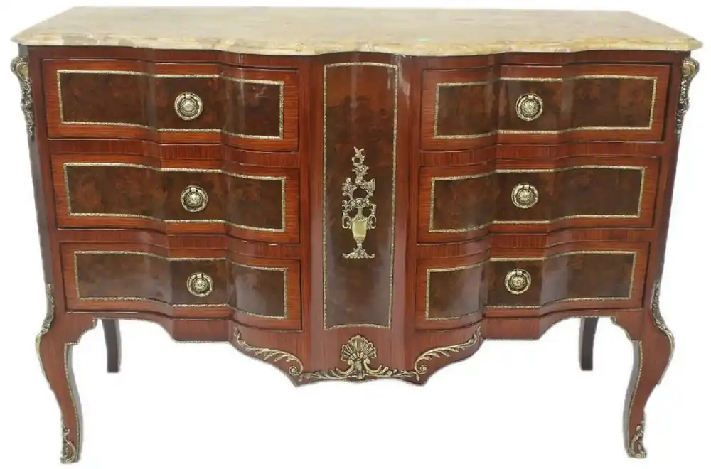 Bestpreis Casa Padrino Barock Kommode Braun / Gold / Creme 130 x 50 x H. 90 cm - Handgefertigte Massivholz Kommode mit 6 Schubladen und Marmorplatte - Barock Möbel