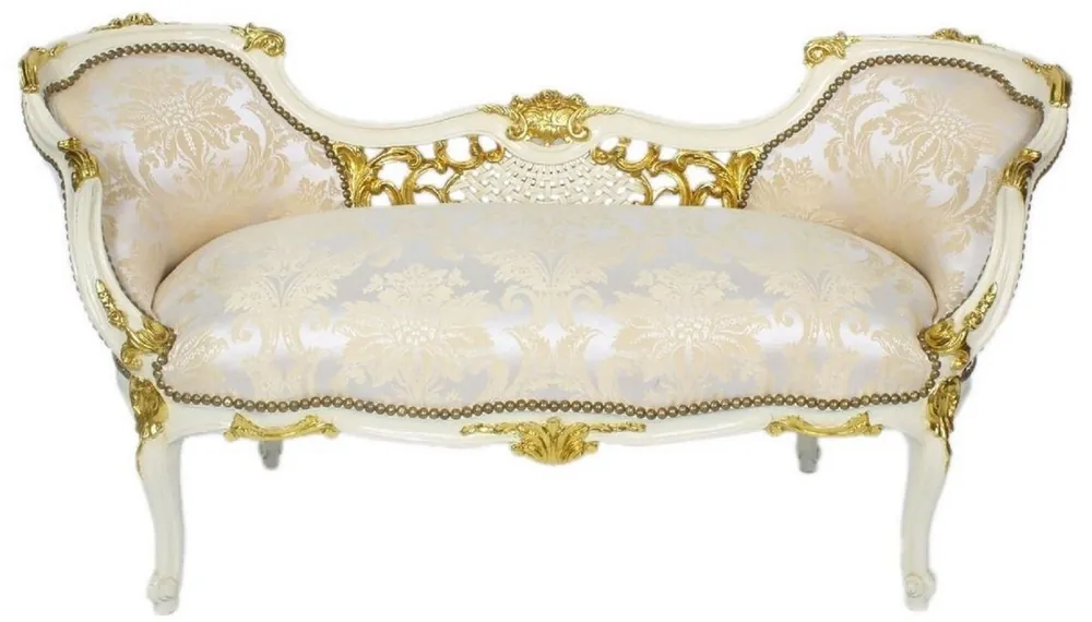Casa Padrino Barock Sitzbank Silber / Creme / Weiß / Gold 150 x 55 x H. 80 cm - Prunkvolle Massivholz Bank mit edlem Muster - Barock Wohnzimmer Möbel Versand Am Gleichen Tag