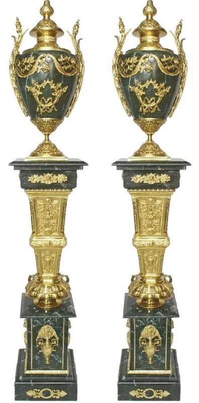 Casa Padrino Barock Deko Porzellan Vasen mit Marmor Säulen Set Grün / Gold 30 x 30 x H. 180 cm - Edel & Prunkvoll Sichere Zahlung