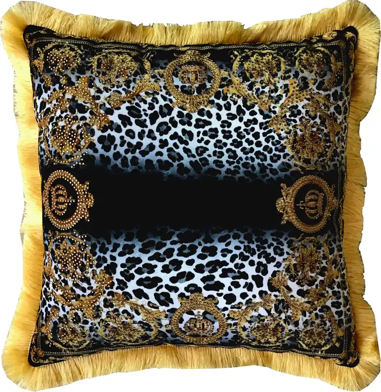 Preis Gesenkt Harald Glööckler Luxus Kissen Pompöös by Casa Padrino Kronen / Leopard / Gold - Feinster Samtstoff - Glööckler Deko Kissen mit Strass Steinen