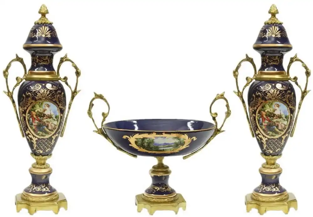 Casa Padrino Barock Keramik Vasen Set mit Schale Dunkelblau / Mehrfarbig / Gold - Prunkvolle Deko Accessoires im Barockstil Heißes Angebot