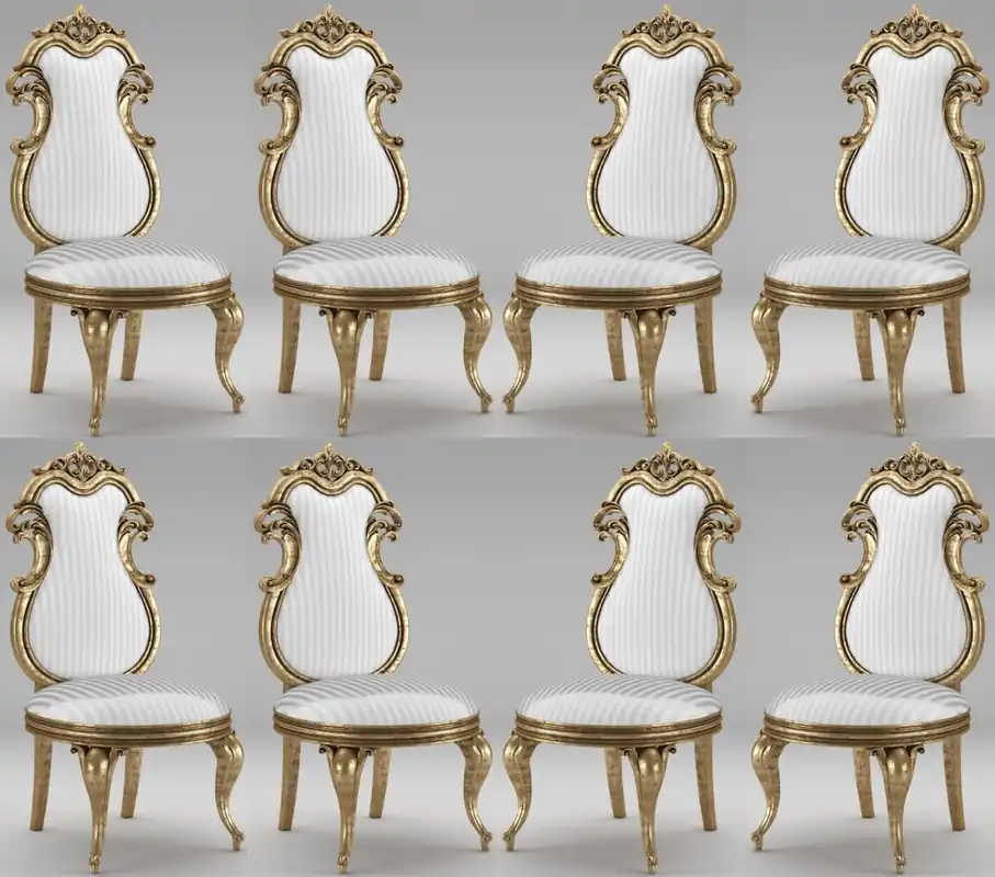 Sonderaktion Casa Padrino Luxus Barock Esszimmer Stuhl Set Weiß / Silber / Antik Gold 55 x 55 x H. 120 cm - Prunkvolle gestreifte Küchen Stühle - Barock Stühle 8er Set - Esszimmer Möbel