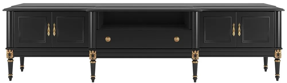 Casa Padrino Luxus Barock TV Schrank Schwarz / Antik Gold 235 x 55 x H. 65 cm - Fernsehschrank mit 4 Türen und Schublade - Edle Barock Wohnzimmer Möbel Highlight