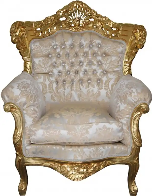 Casa Padrino Barock Sessel Creme - Gold Muster / Gold mit Bling Bling Glitzersteinen - Möbel Antik Stil Nur Für Kurze Zeit