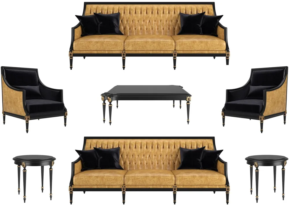 Casa Padrino Luxus Barock Wohnzimmer Set Gold / Schwarz / Antik Gold - 2 Sofas & 2 Sessel & 1 Couchtisch & 2 Beistelltische - Möbel im Barockstil - Edle Barock Wohnzimmer Möbel Expressversand