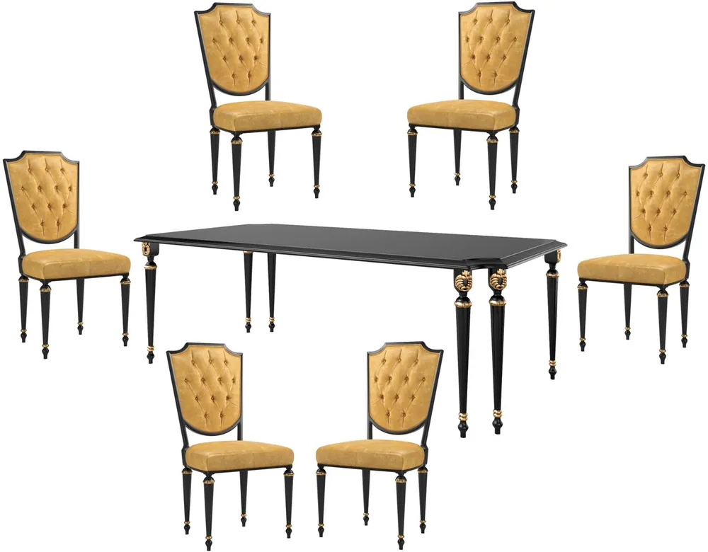 Markenware Casa Padrino Luxus Barock Esszimmer Set Gold / Schwarz / Antik Gold - 1 Esszimmertisch & 6 Esszimmerstühle mit hochwertigem Leder - Barock Esszimmermöbel - Luxus Qualität - Edel & Prunkvoll