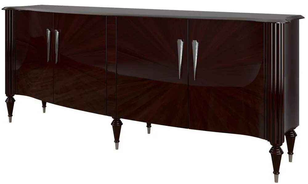 Casa Padrino Luxus Barock Sideboard Dunkelbraun Hochglanz / Silber 225 x 55 x H. 97 cm - Edler Wohnzimmer Schrank mit 4 Türen - Barock Möbel Schnäppchen