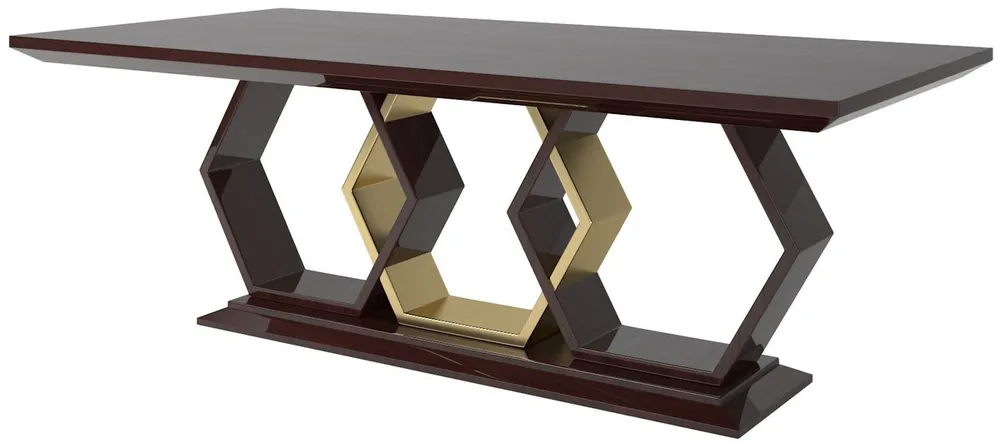 Casa Padrino Designer Esstisch Dunkelbraun Hochglanz / Gold 220 x 110 x H. 77 cm - Edler Rechteckiger Massivholz Küchentisch - Luxus Qualität Neue Ware