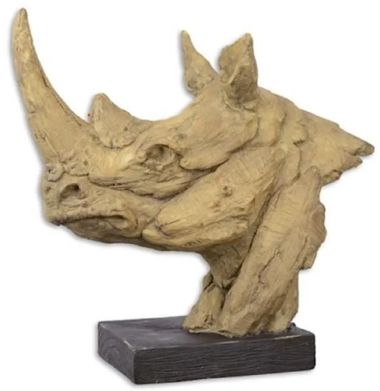 Casa Padrino Kunstharz Deko Skulptur mit Holzsockel Nashorn Kopf Beige / Schwarz 47,7 x 21,2 x H. 45,4 cm - Dekofigur - Schreibtisch Deko Abverkauf