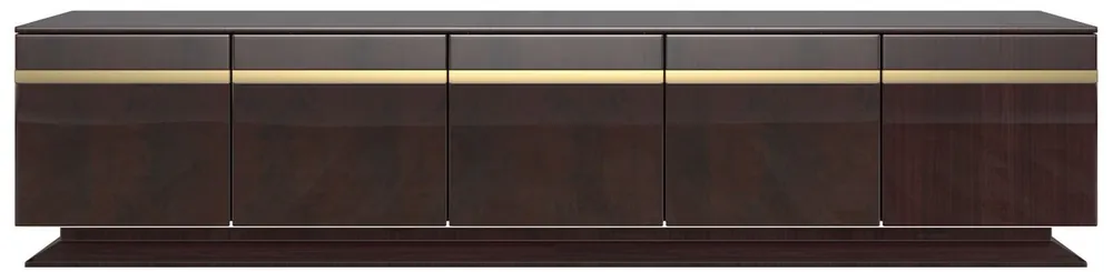 Casa Padrino Designer TV Schrank Dunkelbraun Hochglanz / Gold 240 x 45 x H. 55 cm - Edler Fernsehschrank mit 5 Türen - Luxus Wohnzimmer Möbel Geprüft