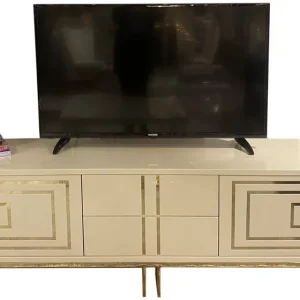 Casa Padrino Luxus TV Schrank Creme / Gold 220 x 45 x H. 60 cm - Edler Fernsehschrank mit 4 Türen und 2 Schubladen - Luxus Wohnzimmer Möbel Neu Im Sortiment
