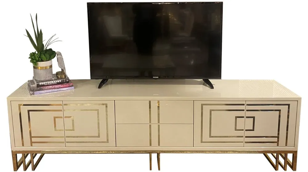 Casa Padrino Luxus TV Schrank Creme / Gold 220 x 45 x H. 60 cm - Edler Fernsehschrank mit 4 Türen und 2 Schubladen - Luxus Wohnzimmer Möbel Neu Im Sortiment