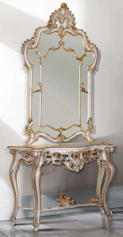 Casa Padrino Luxus Barock Spiegelkonsole Weiß / Antik Gold 125 x 41 x H. 232 cm - Prunkvoller Konsolentisch mit Wandspiegel - Barock Möbel Heißes Angebot